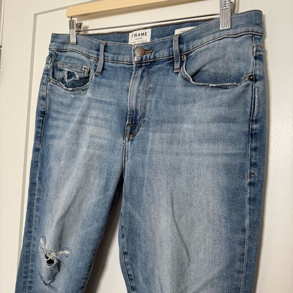 Frame L’Homme Slim Jeans Mens Sz 34 Blue Bay Distressed Straight Denim Stretch - Picture 2 of 13
